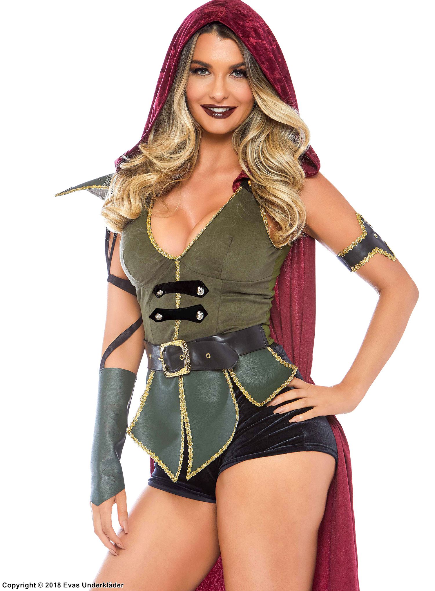 Female Robin Hood, top and shorts costume, hood, belt, velvet